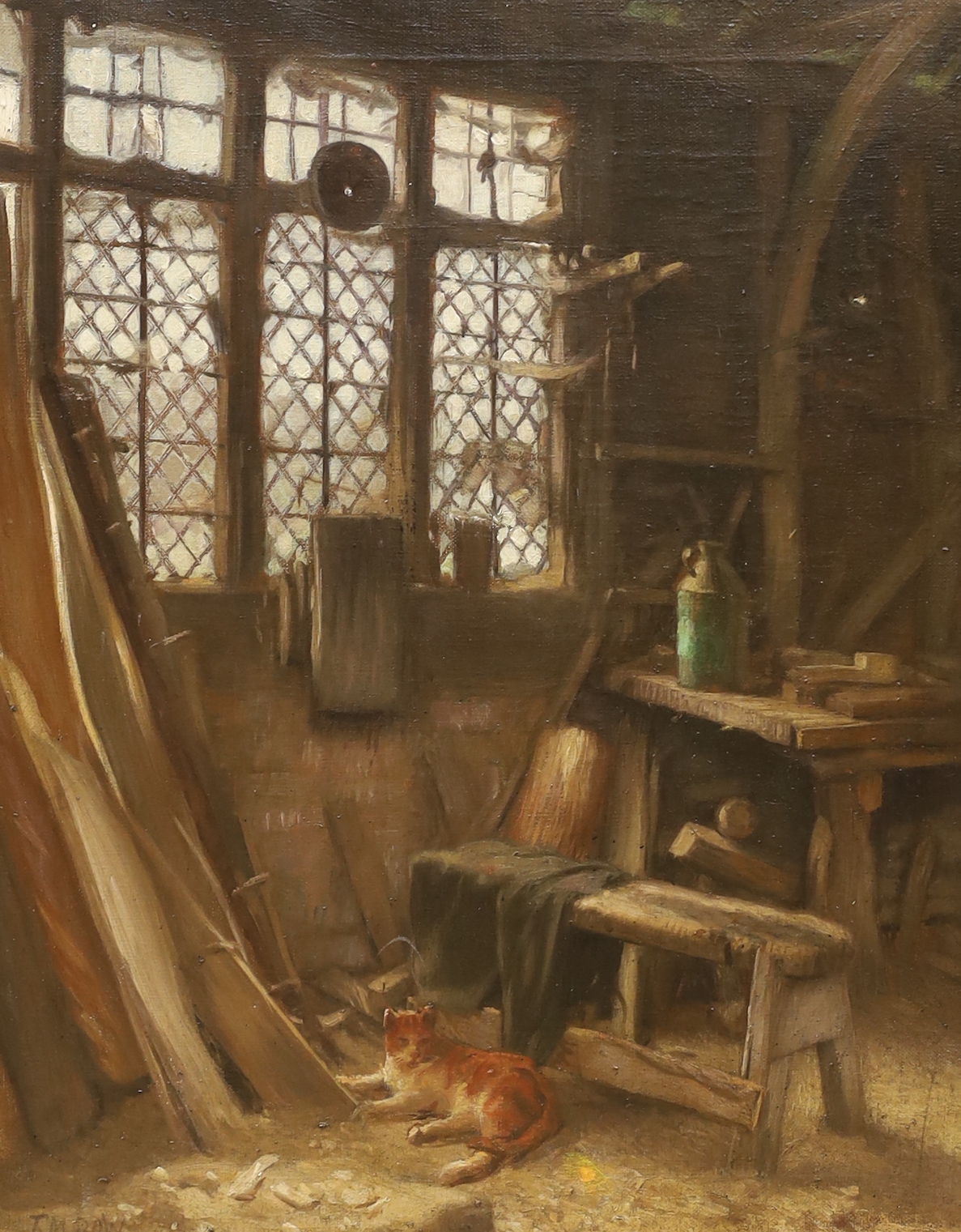 T. M. Dow, oil on canvas, Interior scene with cat, signed, 50 x 40cm, gilt framed